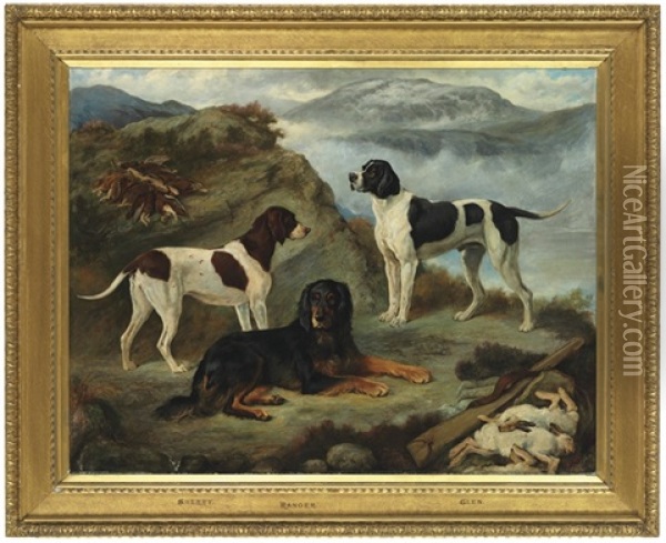 Sherry, Ranger, And Glen, Three Gundogs In A Highland Landscape With The Day's Bag Oil Painting - Gourlay Steell