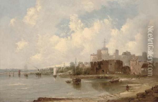 A Town Along The River Oil Painting - A.H. Vickers