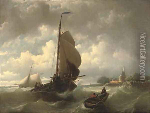 Raising the sails near Hoorn Oil Painting - Johan Adolph Rust
