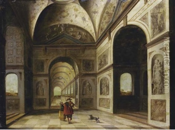 An Elegant Couple Conversing In A Loggia, Decorated With Grotesques Oil Painting - Dirck Van Delen