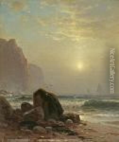 Rocky Coastal Scene With A View Of Passing Ships Oil Painting - Alfred Thompson Bricher