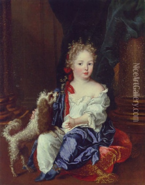 Portrait Of A Gril With A Poodle, In A White Chemise And Blue Shawl Oil Painting - Nicolas de Largilliere