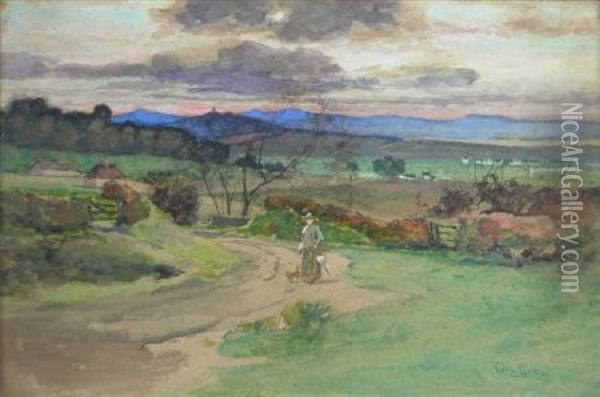 A Borders Landscape With A Lady And Her Companion Oil Painting - George Gray