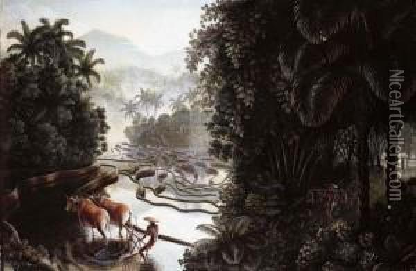 Sawahlandschaft Mit Gunung Agung (view Across The Sawahs To Gunungagung) Oil Painting - Walter Spies