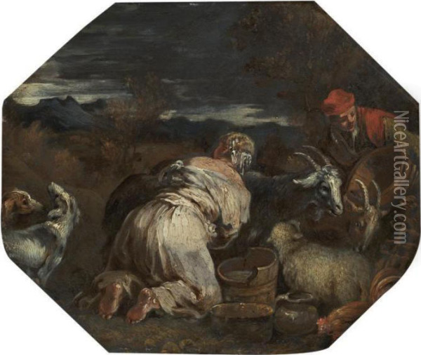 A Peasant Woman Milking A Goat Oil Painting - Jacopo Bassano (Jacopo da Ponte)