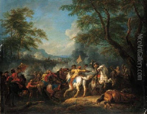 A Cavalry Skirmish Between Christians And Turks Oil Painting - Peeter van Bredael