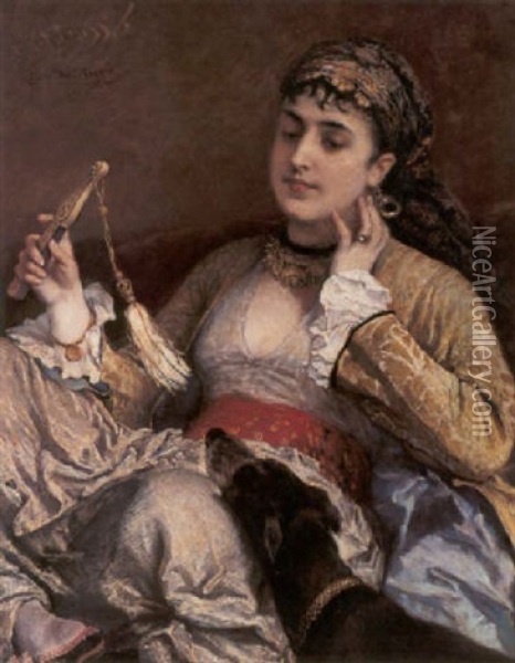 Her Favorite Pet Oil Painting - Cesare Felix Georges dell' Acqua
