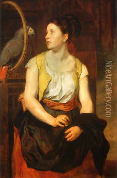Mädchen mit Papagei (Die Gattin des Künstlers) (Girl with a Parrot (The Artist's Wife)) Oil Painting - Hans (Johann von Strasiripka) Canon