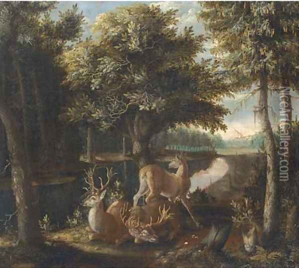 A wooded landscape with two stags and a deer in a clearing by a river Oil Painting - Franz Rosen Von Rosenhoff