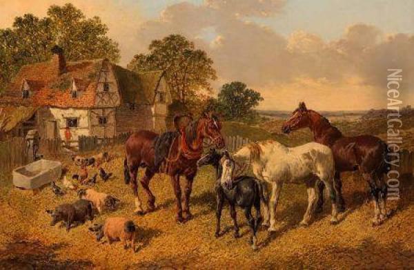 Farmyard Scene With Horses Oil Painting - John Frederick Herring Snr