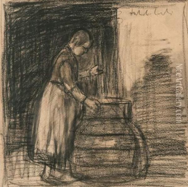 Vrouw Aan De Boterton - Verso: Moederschap Oil Painting - Jakob Smits
