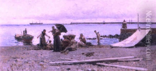Neapolitan Fisherwomen On The Beach Oil Painting - Giuseppe Laezza