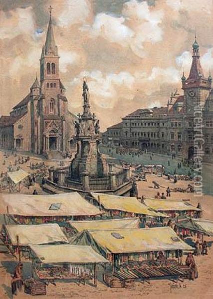 Market In Wilson Square In Kladno Oil Painting - Alois Jezek