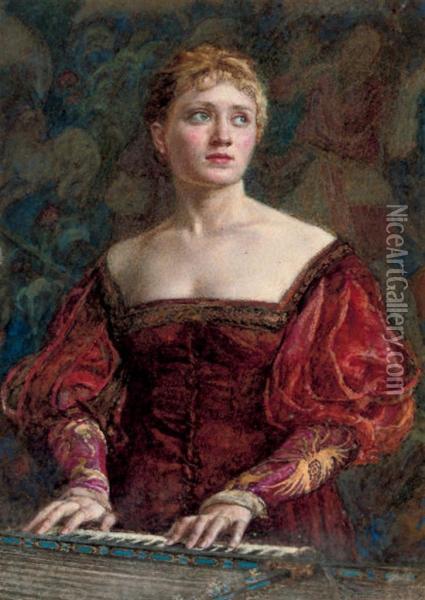 Young Lady In Renaissance-style Dress At A Harpsichord Oil Painting - Walter Duncan