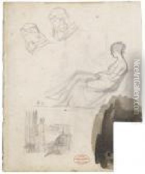 Une Femme De Profil Assise, Deux
 Femmes Voileeset Un Interieur ; Plusieurs Etudes Au Verso Oil Painting - Eugene Carriere