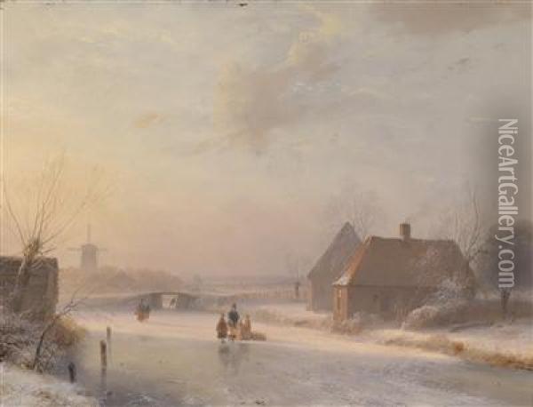 Dutch Landscape In Winter With Ice-skaters Oil Painting - Andreas Schelfhout