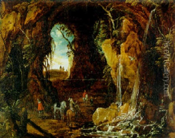 Felsgrotte Mit Wasserfall Und Rastenden Reitern Oil Painting - Joos de Momper the Younger