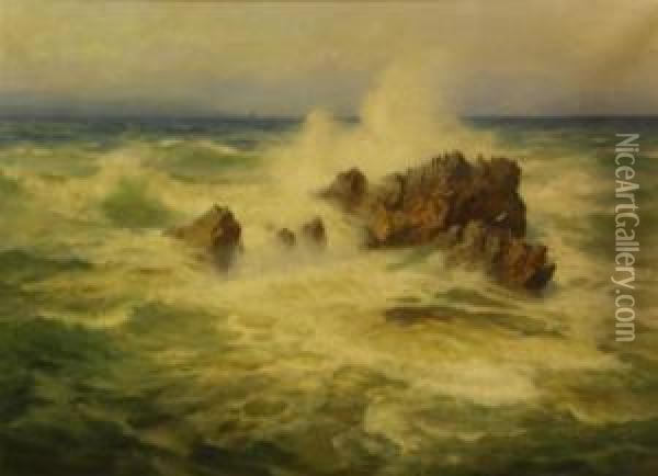 Cormerants Perched On A Rock In A Roughsea Oil Painting - Henry B. Wimbush