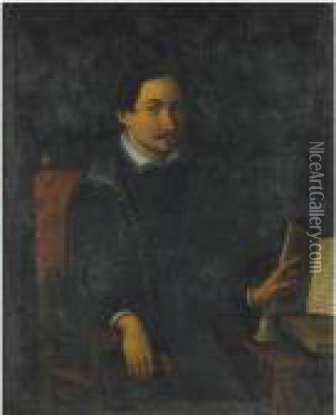 Portrait Of A Seated Man, Three Quarter Length, Wearing A Blackdoublet Oil Painting - Ottavio Leoni