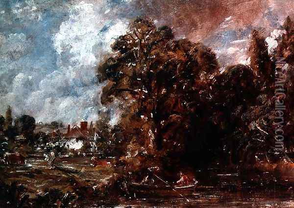 A river scene with a farmhouse near the water's edge, c.1830-36 Oil Painting - John Constable
