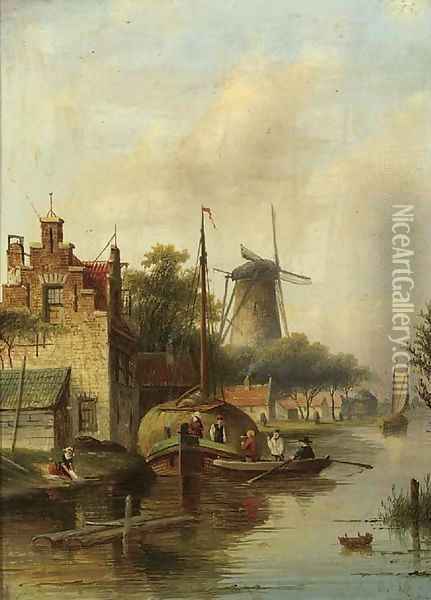 A village along a river in summer Oil Painting - Jan Jacob Coenraad Spohler
