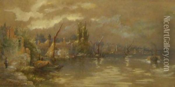 Extensive River Scene With Shipping And Figures Oil Painting - Walker Stuart Lloyd