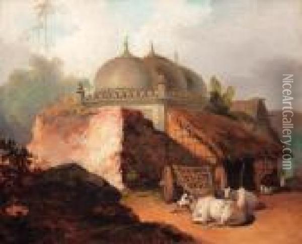Cattle Resting By A Mosque Oil Painting - George Chinnery