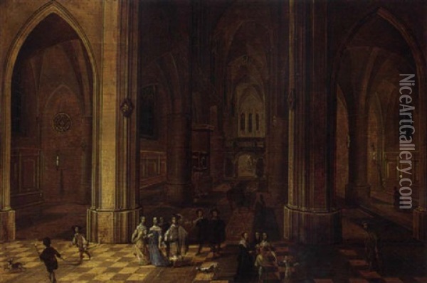 The Interior Of A Gothic Church By Night With Elegant Company And Torchbearers In The Foreground Oil Painting - Peeter Neeffs the Younger