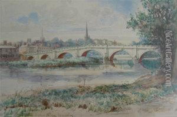 English Bridge Shrewsbury, Landscape With River Bridge And Town Beyond Oil Painting - Edwin F. Cole