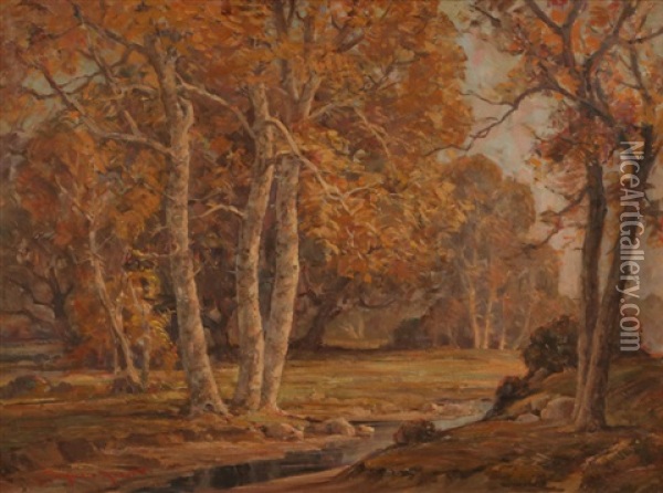 Trees, Sycamore Landscape With Stream Oil Painting - Thorwald Probst