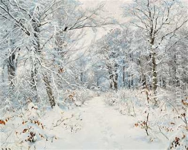 Vinterdag I Skoven Med Nyfalden Sne Oil Painting - Hans Andersen Brendekilde