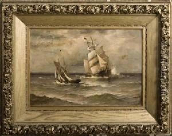 Johnson, American Ships At Sea Oil Painting - Marshall Johnson