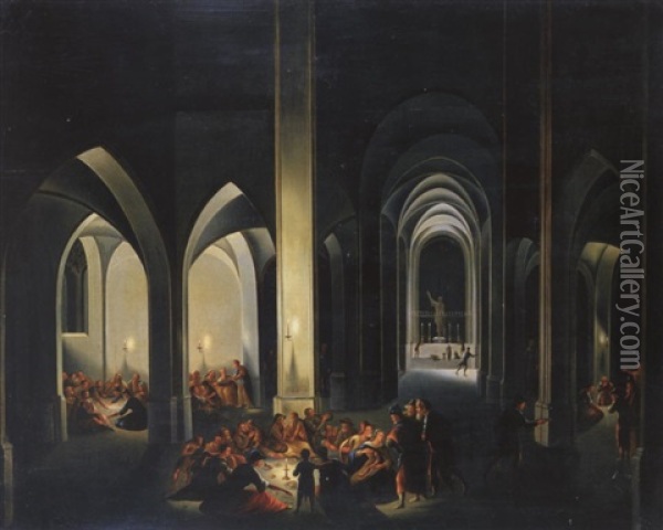 (tempelinterieur?) Mit Zahlreichen Personen Oil Painting - Johann Ludwig Ernst Morgenstern