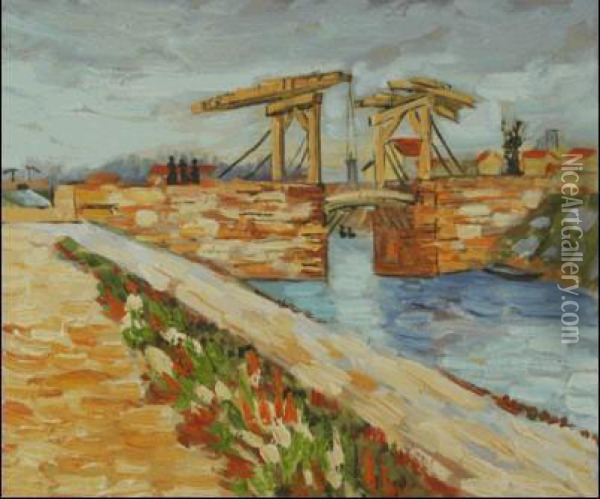 Langlois Bridge At Arles With Road Alongside The Canal Oil Painting - Vincent Van Gogh