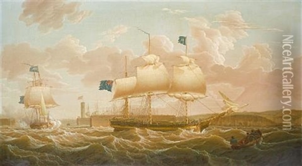 A Privateer In Two Positions Leaving Whitehaven Harbour Oil Painting - Robert Salmon