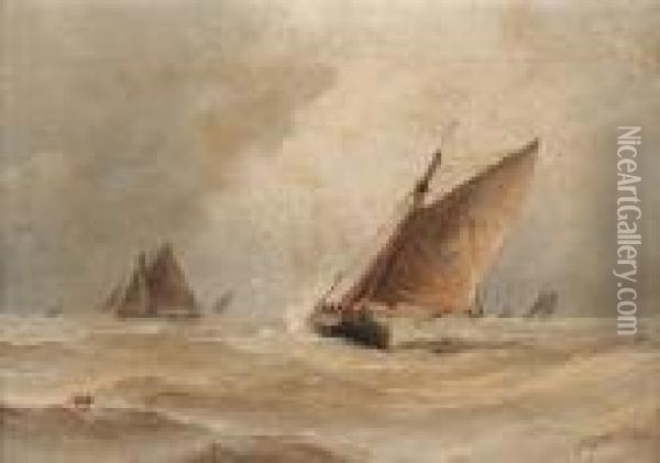 Fishing Boats In A Heavy Swell Oil Painting - Frederick James Aldridge