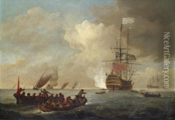 A Man-of-war Firing A Salute Oil Painting - Francis Swaine