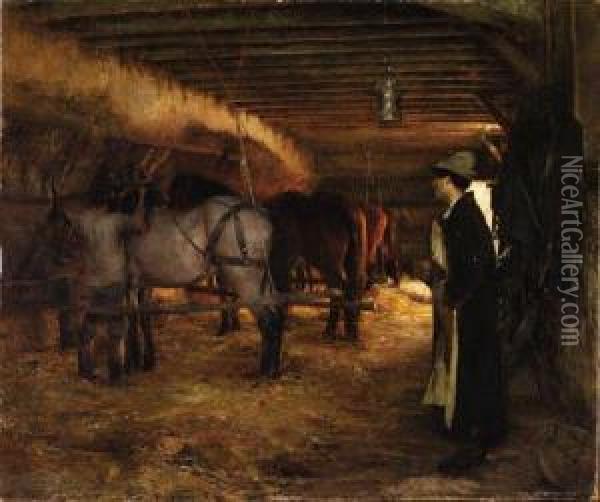 In The Stable Oil Painting - Pascal-Adolphe-Jean Dagnan-Bouveret