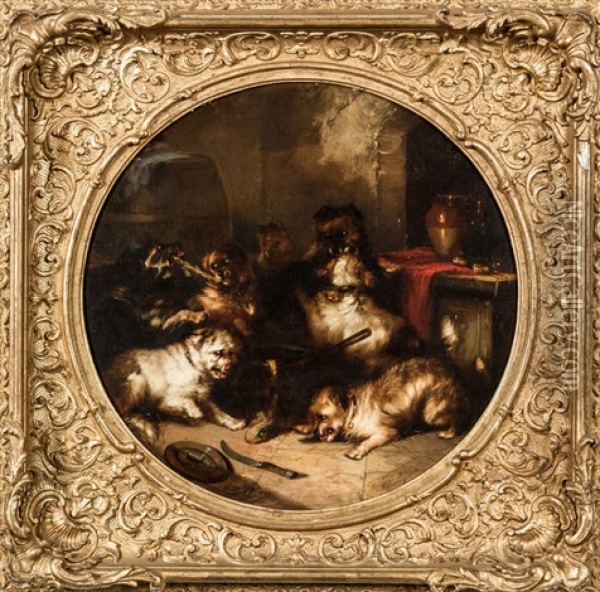 Terriers In An Interior Oil Painting - George Armfield