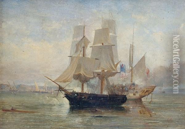 'the 'speedy' Gun Brig, Captain 
(afterwards Lord) Cockrane, Engaged In Action With A Spanish Zeebeek Off
 Barcelona' Oil Painting - William Clarkson Stanfield