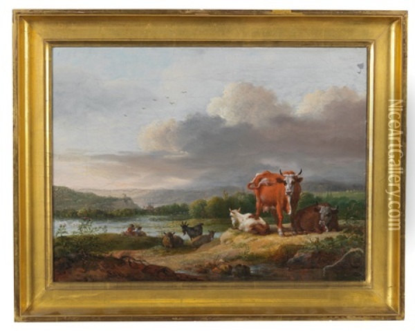 A Pair Of River Landscapes With Grazing Cattle Oil Painting - Maximilian Neustueck