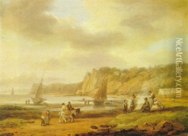 The Bay At Teignmouth With Fishermen Unloading Their Catch, And Figures Resting By A Fire On The Shore Oil Painting - Thomas Luny