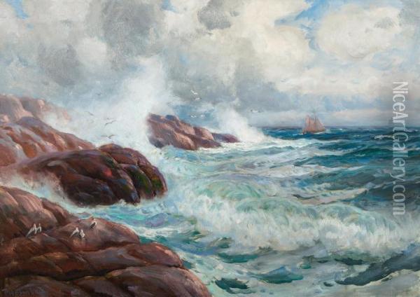 Kystlandskap Med Seilbater Og Sjofugl Oil Painting - Thorolf Holmboe
