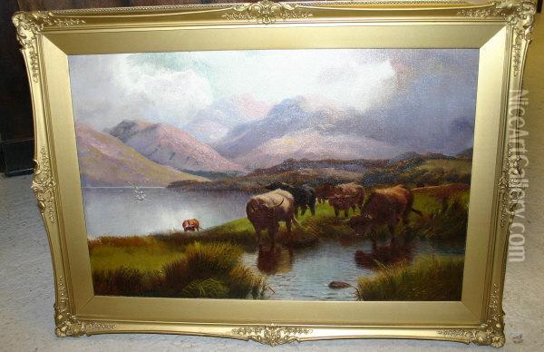 Highland Cattle Watering Oil Painting - Henry R. Hall