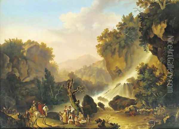 A river landscape with a waterfall, a drover and his cattle, washerwomen and travellers at halt Oil Painting - Jacob Philipp Hackert
