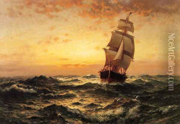 Ship at Sea, Sunset Oil Painting - Edward Moran