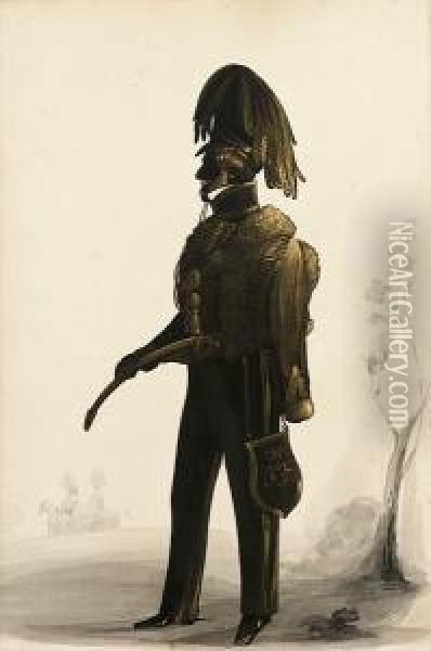 A Silhouette Of An Officer, Called Charles Hinde, Standing Full-length, Profile To The Left, Wearing Hussar Costume, Pelisse, Shako With Hanging Cock's Feather, Holding Carved Light Cavalry Sabre, Wearing A Fanciful Sabretache, Crowned Monogram Thereon Oil Painting - Royal Victoria Gallery