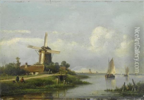 Landscape Withwindmills And Sailing Ships. Oil Painting - Lodewijk Johannes Kleijn
