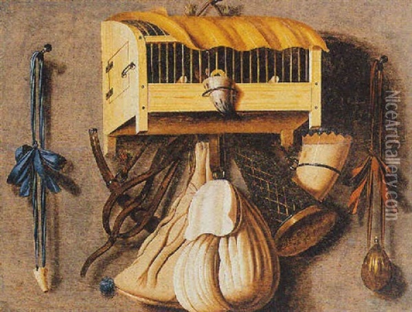 A Trompe L'oeil Still Life Of A Birdcage And Other Hunting Paraphernalia Oil Painting - Johannes Leemans