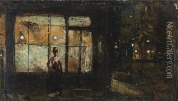 The Illuminated Shop Window At Night Oil Painting - Lesser Ury